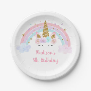 Assiettes En Carton Unicorn Rainbow Pink Gold Pastel Birthday
