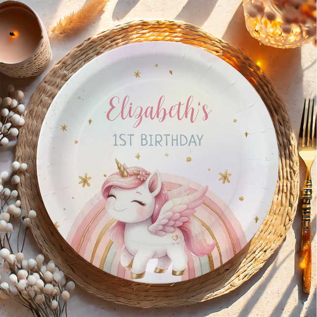 Assiettes En Carton Unicorn Rainbow Pink Gold Pastel Birthday (Créateur téléchargé)