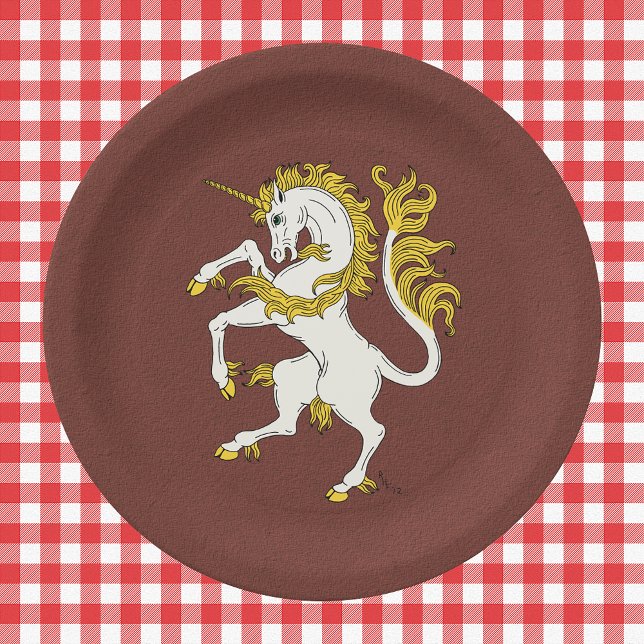 Assiettes En Carton Unicorn Rampant (Unicorn Rampant Paper Plates on Tablecloth)