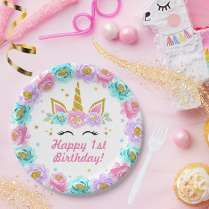 Assiettes En Carton Unicorn Rose Joyeux anniversaire