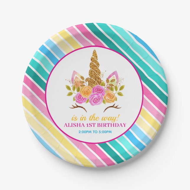 Assiettes En Carton Unicorne Anniversaire 1er Anniversaire (Devant)