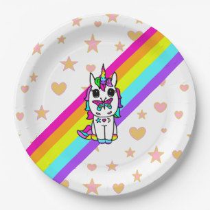 Assiettes En Carton Unicorne arc-en-ciel rose avec papillon sur le nez