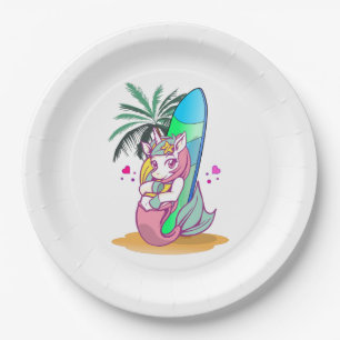 Assiettes En Carton Unicorne avec planche de surf sur la plage