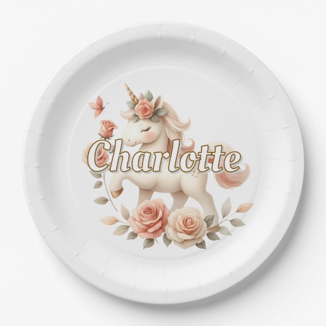 Assiettes En Carton Unicorne de pastel Whimsical avec rose (Devant)
