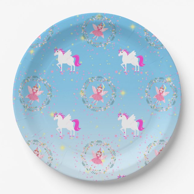 Assiettes En Carton Unicorne et Fairy Magie fête d'anniversaire (Devant)