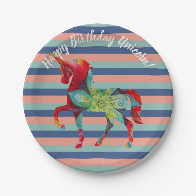 Assiettes En Carton Unicorne et rayures Plaques papier d'anniversaire (Devant)