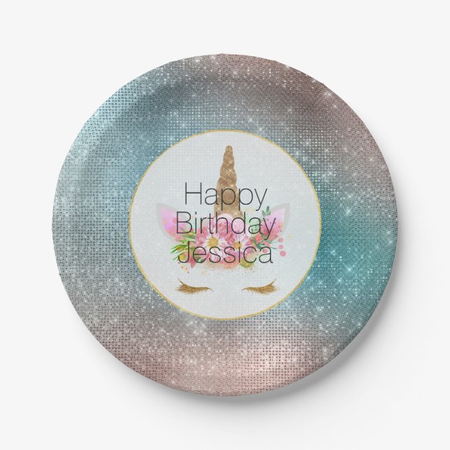 Assiettes En Carton Unicorne Florale Rose Or Anniversaire (Devant)