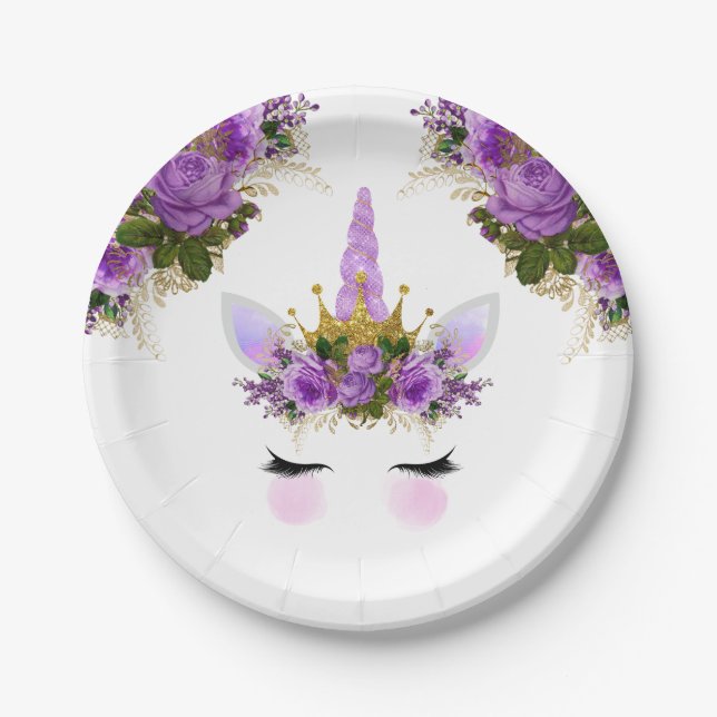 Assiettes En Carton Unicorne florale violette Princesse (Devant)