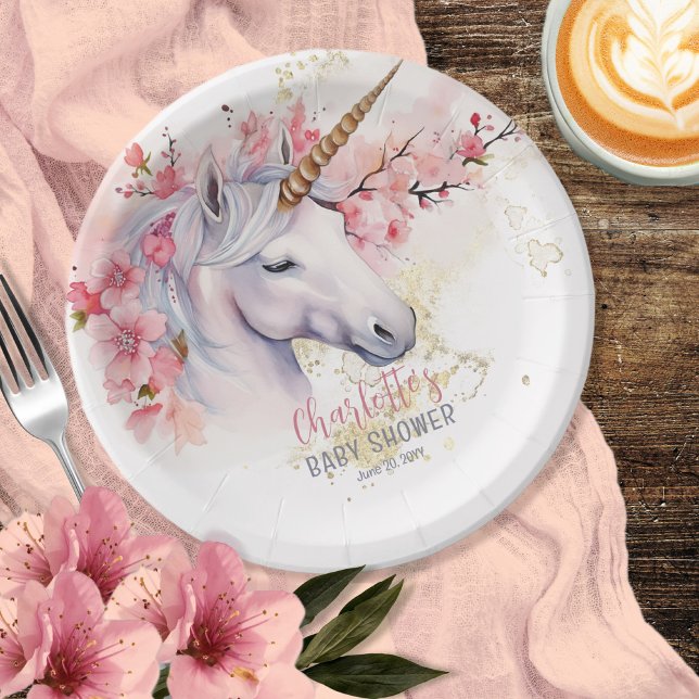 Assiettes En Carton Unicorne mystique | Baby shower rose floral fille (Mystical Unicorn and Cherry Blossoms Pink Floral Girl Baby Shower Paper Plates)