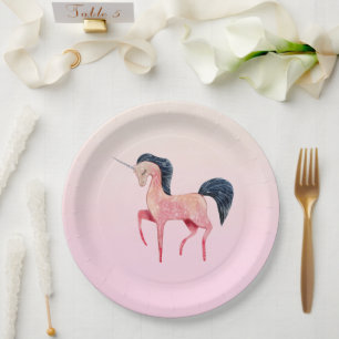 Assiettes En Carton Unicorne nordique rose avec Mane noir