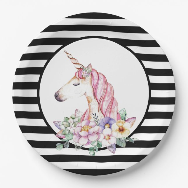 Assiettes En Carton Unicorne rayures et fleurs (Devant)