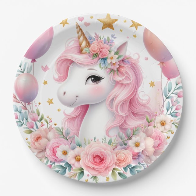 Assiettes En Carton Unicorne rose (Devant)