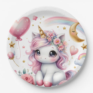 Assiettes En Carton Unicorne rose