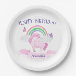 Assiettes En Carton Unicorne rose et papillons arc-en-ciel Anniversair
