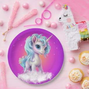 Assiettes En Carton Unicorne sur nuage avec ciel rose vif