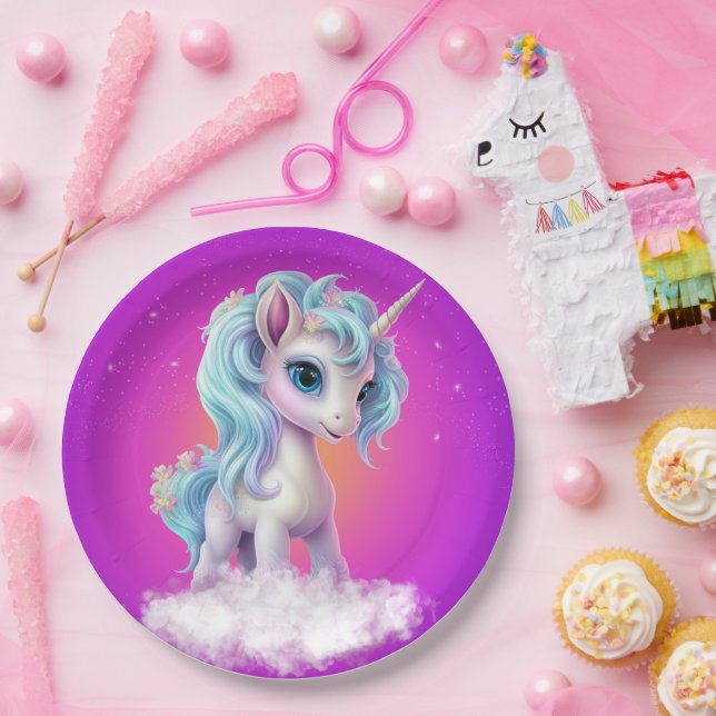Assiettes En Carton Unicorne sur nuage avec ciel rose vif (Fête)