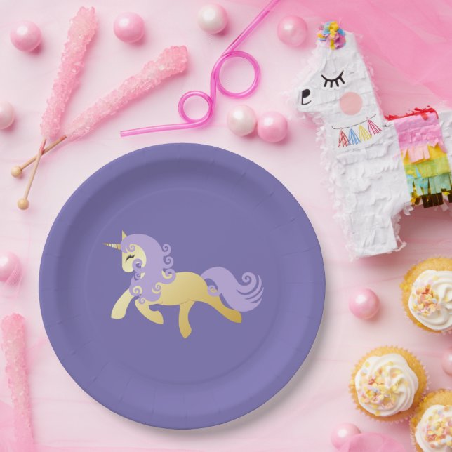 Assiettes En Carton Unicorne violette or (Fête)