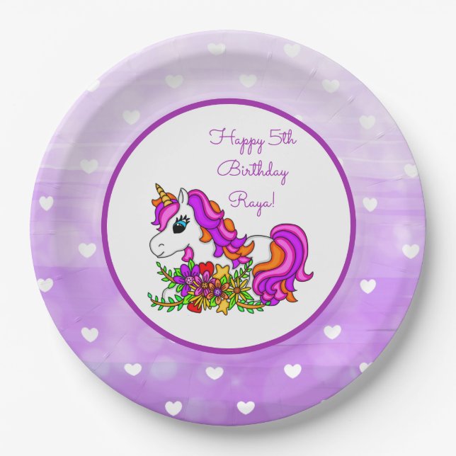 Assiettes En Carton Unicorne violette personnalisée Joyeux anniversair (Devant)
