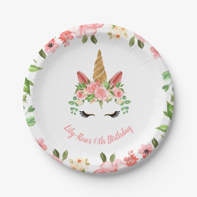 Assiettes En Carton Unicorne Visage Floral Anniversaire (Devant)