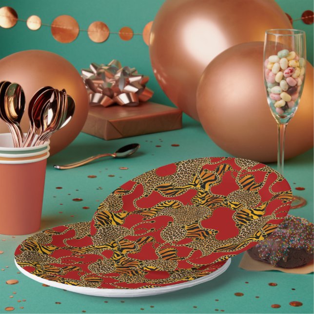 Assiettes En Carton Urban Jungle Animal Print On Red (Multi)