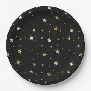 Assiettes En Carton Vacances Black et Gold Faux Metal Christmas Stars