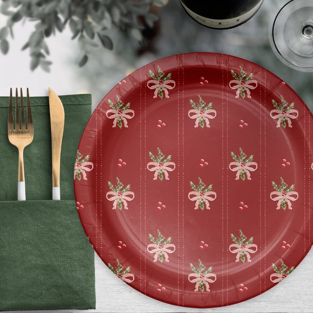 Assiettes En Carton Vacances Botaniques Rustiques (Rustic Red Botanical Bows Christmas Paper Plates | Holiday Table Décor by Painted Paperie)