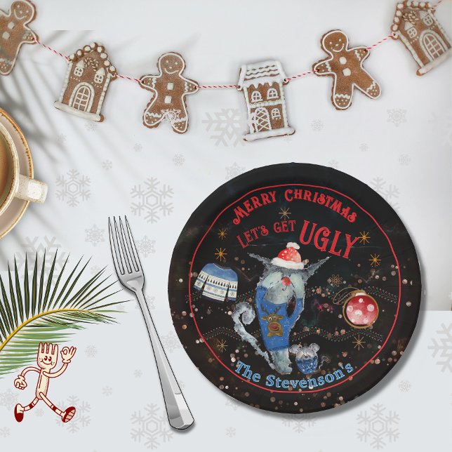 Assiettes En Carton Vacances Chat et Souris moche (Ugly Sweater Cat & Mouse Holiday Paper Plates)