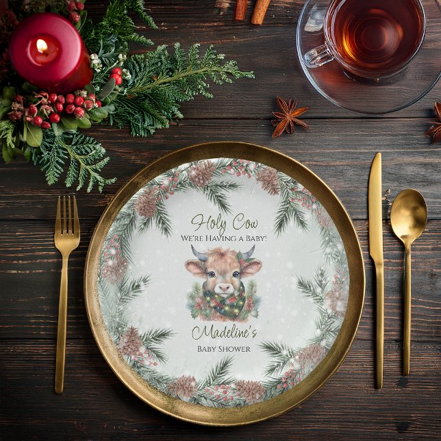 Assiettes En Carton Vacances d'hiver Highland Holy Cow Baby shower (Winter Holiday Highland "Holy Cow" Evergreen Baby Shower Paper Plates)