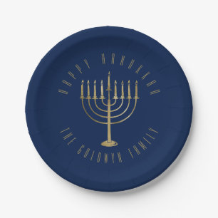 Assiettes En Carton Vacances heureuses de Menorah de bleu et d'or de
