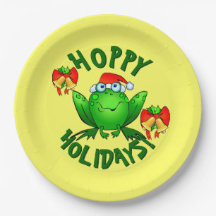 Assiettes En Carton Vacances Hoppy Cartoon Noël Frog Bows Bells