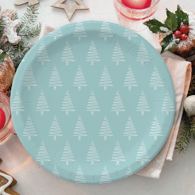 Assiettes En Carton Vacances Motif Arbre De Noël Bleu Et Blanc (Blue And White Christmas Tree Pattern Holiday Paper Plates)