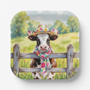 Assiettes En Carton Vache à l'aquarelle portant un chapeau d'été