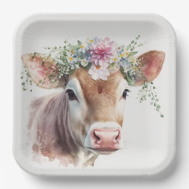 Assiettes En Carton Vache avec tête florale (Recto)