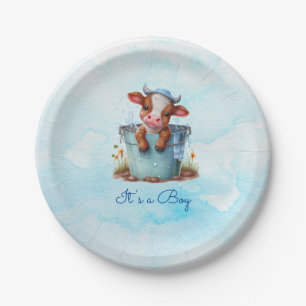 Assiettes En Carton Vache bébé mignonne dans le Baby shower bleu seau