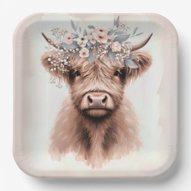 Assiettes En Carton Vache Boho Highland avec couronne florale nuptiale (Recto)