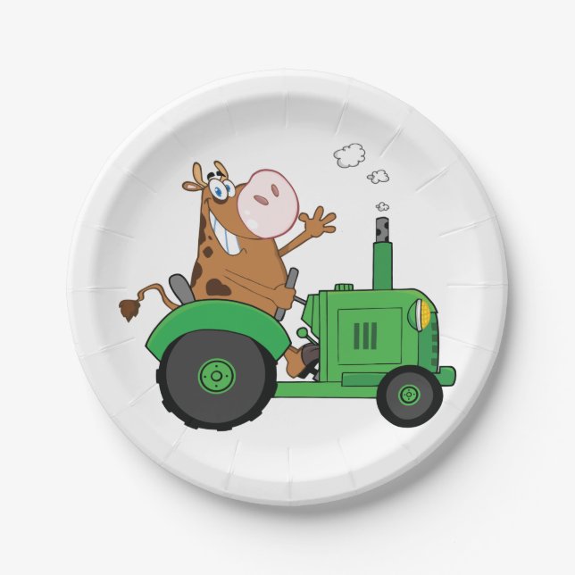 Assiettes En Carton Vache conduisant un tracteur (Devant)