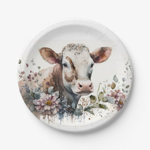 Assiettes En Carton Vache d'aquarelle en Fleur sauvage