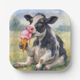 Assiettes En Carton Vache d'aquarelle lèche un cône de glace