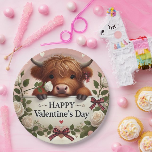 Assiettes En Carton Vache de Highland Valentine avec des roses blanche (Fête)