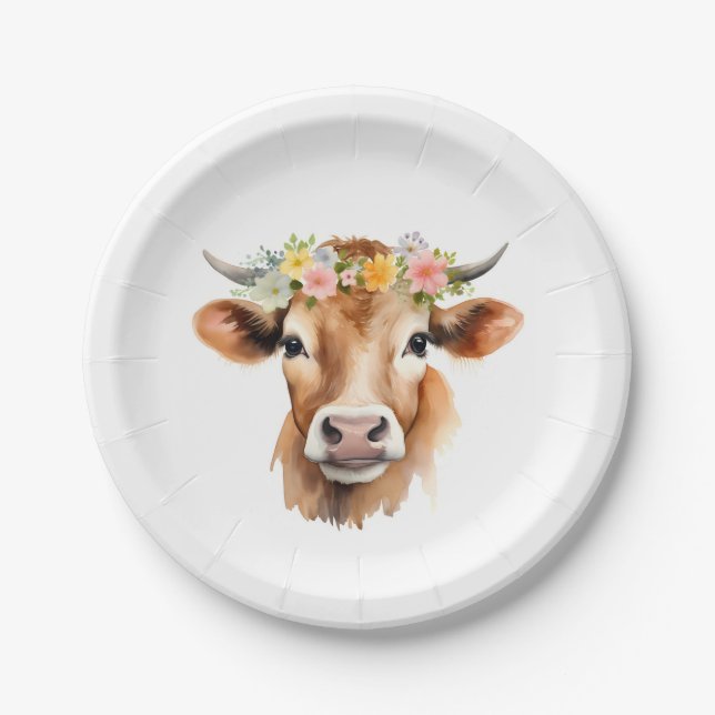 Assiettes En Carton Vache de Jersey portant des fleurs Floral Girl'ann (Devant)