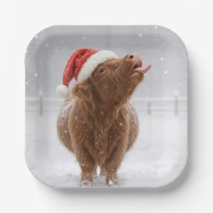Assiettes En Carton Vache des Highlands de Noël attrapant des flocons