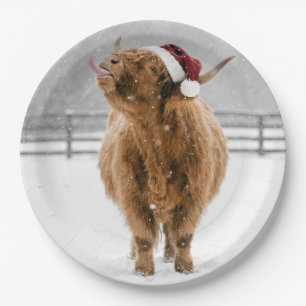 Assiettes En Carton Vache des Highlands de Noël léchant des flocons de