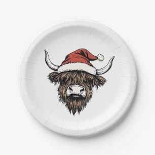 Assiettes En Carton Vache des Highlands Noël Xmas Santa Laineuse Ferme