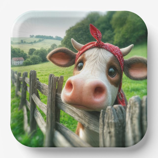Assiettes En Carton Vache Heifer portant un Kerchief rouge (Recto)