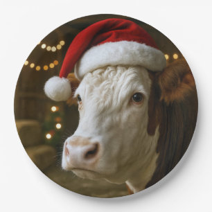 Assiettes En Carton Vache Hereford de Noël portant un chapeau de Père
