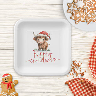 Assiettes En Carton Vache Highland à Santa Hat Joyeux Noël