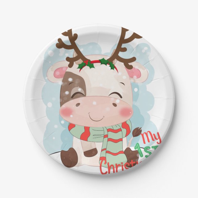 Assiettes En Carton Vache Mon 1er Noël (Devant)