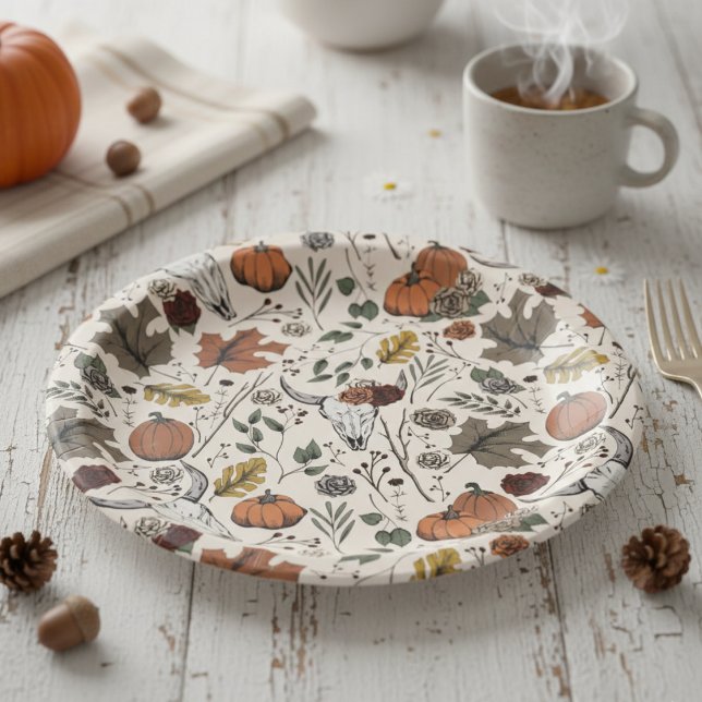 Assiettes En Carton Vache Motif de Thanksgiving Crâne d'automne moisso (Chic Rustic Floral Cow Skull Pattern Autumn Paper Plates. Country Western & Slightly Gothic Style)