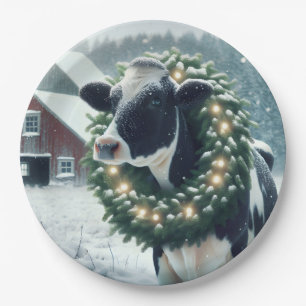 Assiettes En Carton Vache portant une couronne brillante de Noël