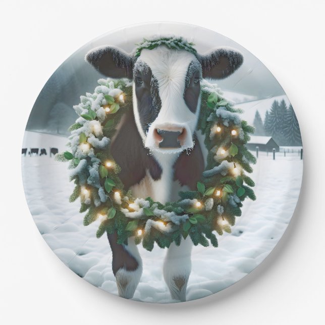 Assiettes En Carton Vache portant une couronne de Noël (Devant)